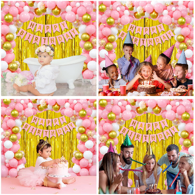 Happy Birthday Decorations Pink Combo Set - Pink, Golden, and White Metallic Balloons, Birthday Pink Paper Banner, Golden Foil Curtain, and Glue Dot Roll- (Pack of 34 Pcs)
