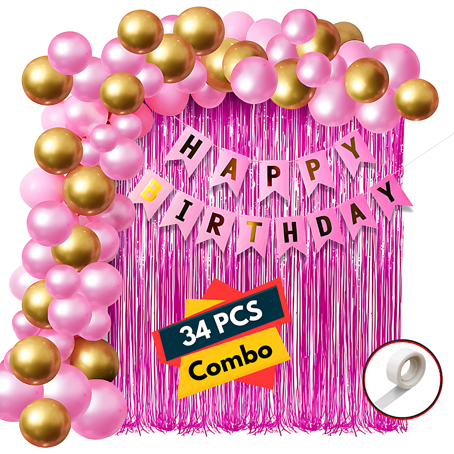 Birthday Decorations Pink Combo Set - Pink & Golden Metallic Balloons, Birthday Banner, Foil Curtain, Glue Dot Roll- (Pack of 34 Pcs)