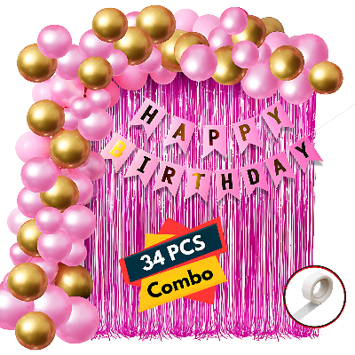 Birthday Decorations Pink Combo Set - Pink & Golden Metallic Balloons, Birthday Banner, Foil Curtain, Glue Dot Roll- (Pack of 34 Pcs)