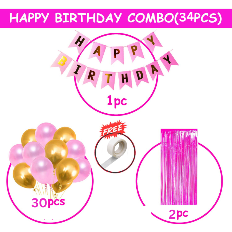 Birthday Decorations Pink Combo Set - Pink & Golden Metallic Balloons, Birthday Banner, Foil Curtain, Glue Dot Roll- (Pack of 34 Pcs)