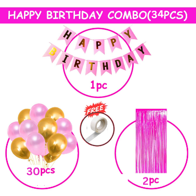 Birthday Decorations Pink Combo Set - Pink & Golden Metallic Balloons, Birthday Banner, Foil Curtain, Glue Dot Roll- (Pack of 34 Pcs)