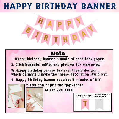 Birthday Decorations Pink Combo Set - Pink & Golden Metallic Balloons, Birthday Banner, Foil Curtain, Glue Dot Roll- (Pack of 34 Pcs)