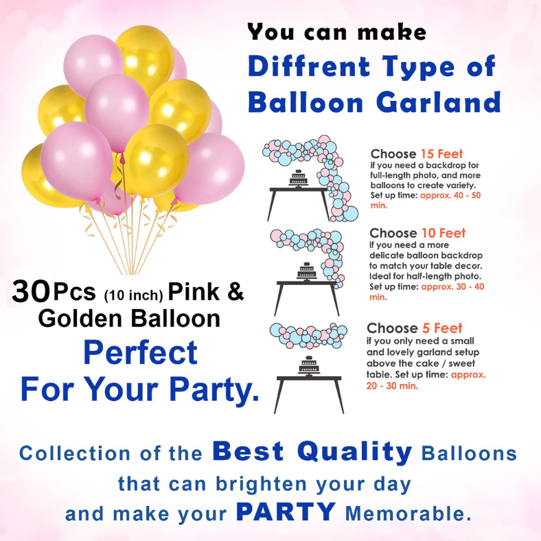 Birthday Decorations Pink Combo Set - Pink & Golden Metallic Balloons, Birthday Banner, Foil Curtain, Glue Dot Roll- (Pack of 34 Pcs)
