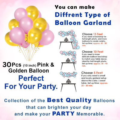 Birthday Decorations Pink Combo Set - Pink & Golden Metallic Balloons, Birthday Banner, Foil Curtain, Glue Dot Roll- (Pack of 34 Pcs)