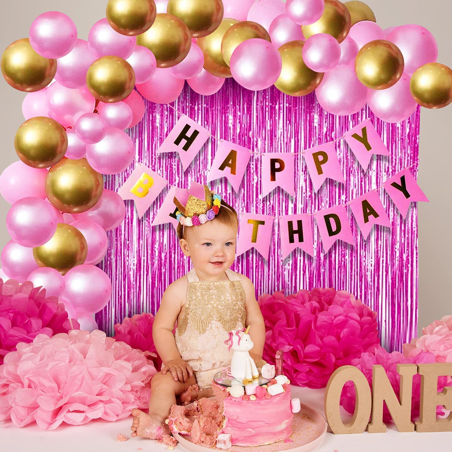 Birthday Decorations Pink Combo Set - Pink & Golden Metallic Balloons, Birthday Banner, Foil Curtain, Glue Dot Roll- (Pack of 34 Pcs)