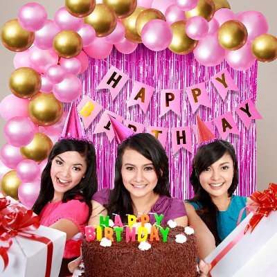 Birthday Decorations Pink Combo Set - Pink & Golden Metallic Balloons, Birthday Banner, Foil Curtain, Glue Dot Roll- (Pack of 34 Pcs)