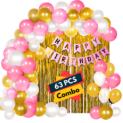 Happy Birthday Decorations Pink & Golden Combo Set For Girls And Women - Pink, White And Golden Metallic Balloons, Birthday Pink color Paper Banner, Golden Foil Curtain for Party Decoration Full Package Princess Theme - (Pack of 63 Pcs)