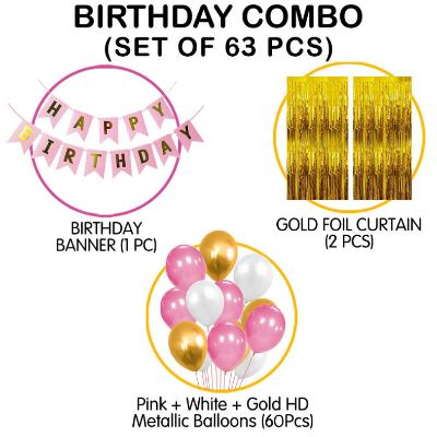 Happy Birthday Decorations Pink & Golden Combo Set For Girls And Women - Pink, White And Golden Metallic Balloons, Birthday Pink color Paper Banner, Golden Foil Curtain for Party Decoration Full Package Princess Theme - (Pack of 63 Pcs)