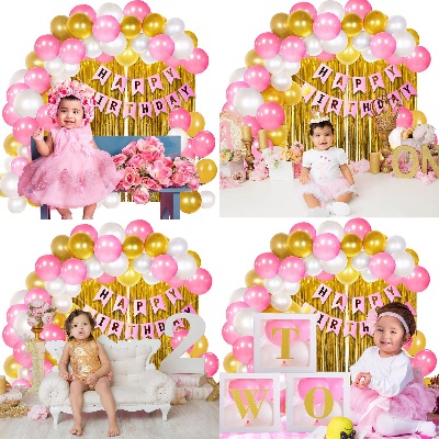 Happy Birthday Decorations Pink & Golden Combo Set For Girls And Women - Pink, White And Golden Metallic Balloons, Birthday Pink color Paper Banner, Golden Foil Curtain for Party Decoration Full Package Princess Theme - (Pack of 63 Pcs)