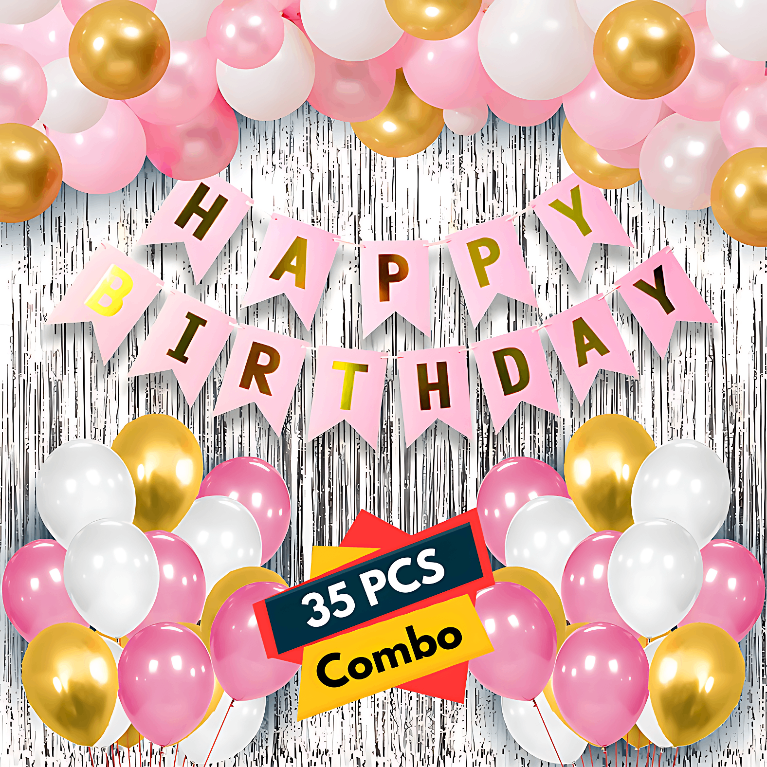 Birthday Decorations Pink Combo Set - Pink, White, and Golden Metallic Balloons, Birthday Banner & Foil Curtain- (Pack of 35 Pcs)