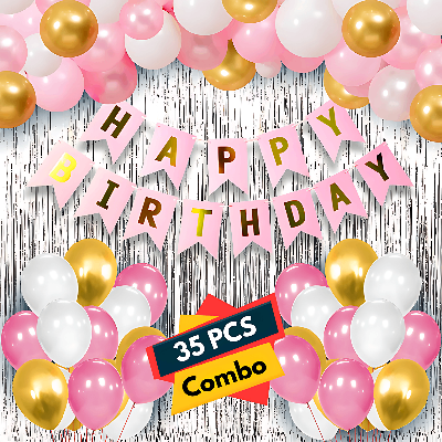 Birthday Decorations Pink Combo Set - Pink, White, and Golden Metallic Balloons, Birthday Banner & Foil Curtain- (Pack of 35 Pcs)