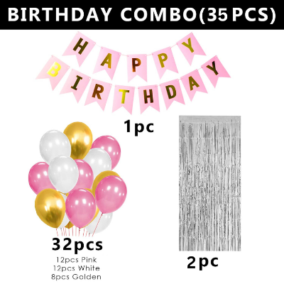 Birthday Decorations Pink Combo Set - Pink, White, and Golden Metallic Balloons, Birthday Banner & Foil Curtain- (Pack of 35 Pcs)