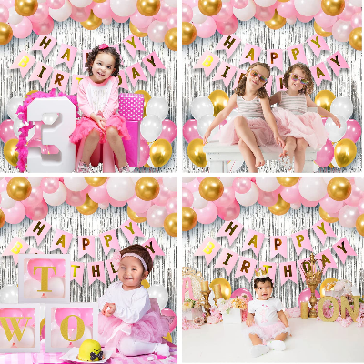 Birthday Decorations Pink Combo Set - Pink, White, and Golden Metallic Balloons, Birthday Banner & Foil Curtain- (Pack of 35 Pcs)