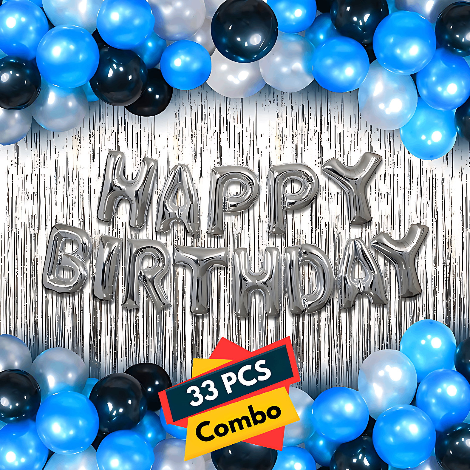 Happy Birthday Decorations Silver Combo Set - Mixed Metallic Balloons, Silver Foil Banner, Silver Foil Curtain - Full Set (33 Pcs)
