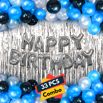 Happy Birthday Decorations Silver Combo Set - Mixed Metallic Balloons, Silver Foil Banner, Silver Foil Curtain - Full Set (33 Pcs)