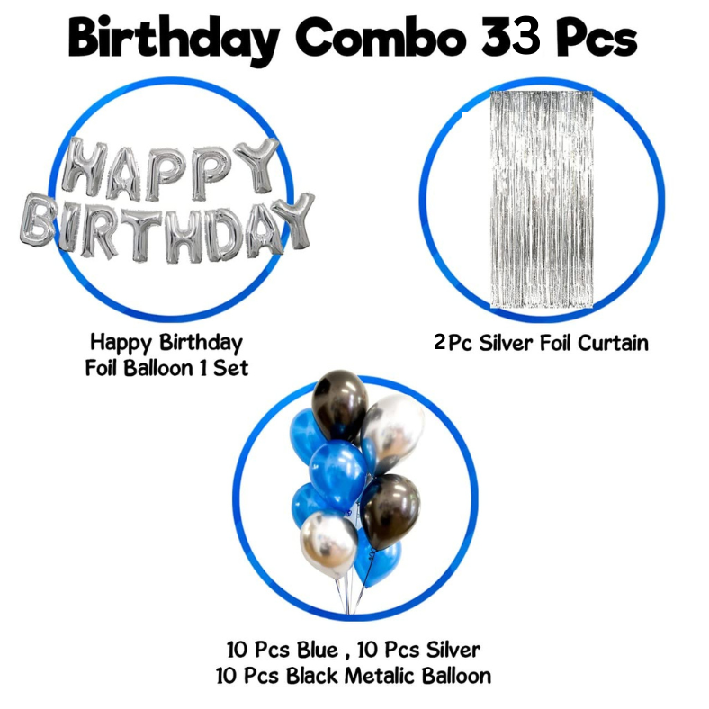 Happy Birthday Decorations Silver Combo Set - Mixed Metallic Balloons, Silver Foil Banner, Silver Foil Curtain - Full Set (33 Pcs)