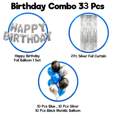 Happy Birthday Decorations Silver Combo Set - Mixed Metallic Balloons, Silver Foil Banner, Silver Foil Curtain - Full Set (33 Pcs)