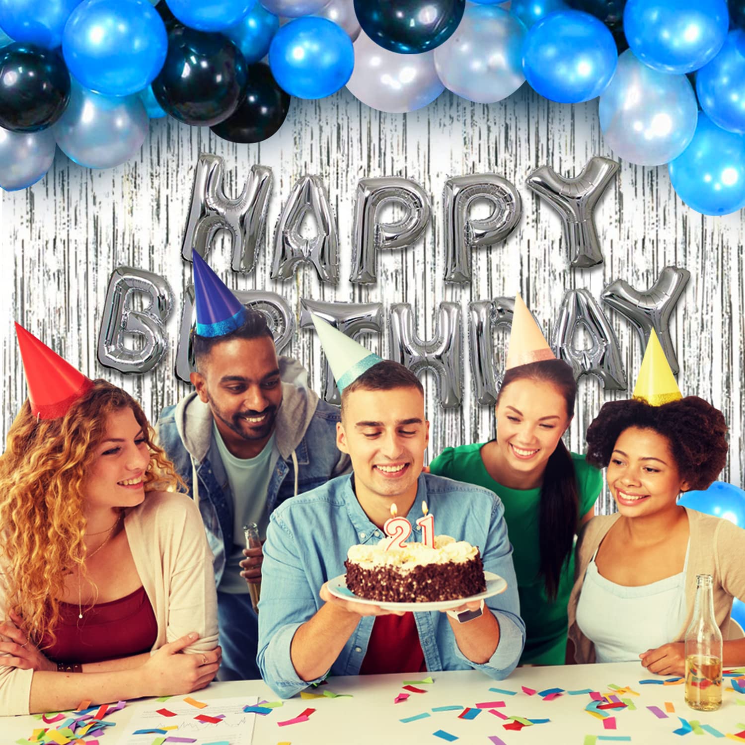 Happy Birthday Decorations Silver Combo Set - Mixed Metallic Balloons, Silver Foil Banner, Silver Foil Curtain - Full Set (33 Pcs)