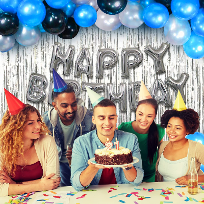 Happy Birthday Decorations Silver Combo Set - Mixed Metallic Balloons, Silver Foil Banner, Silver Foil Curtain - Full Set (33 Pcs)
