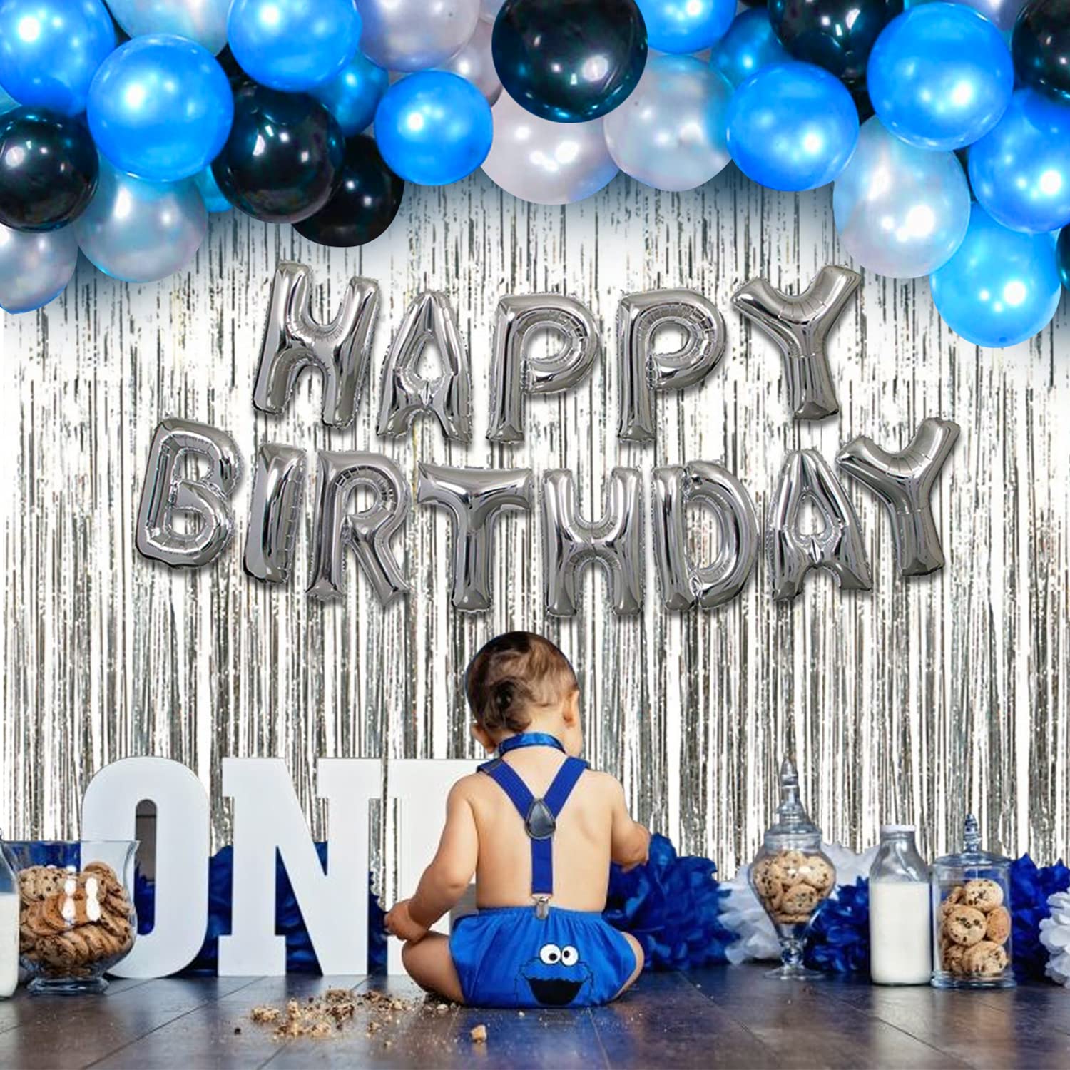 Happy Birthday Decorations Silver Combo Set - Mixed Metallic Balloons, Silver Foil Banner, Silver Foil Curtain - Full Set (33 Pcs)