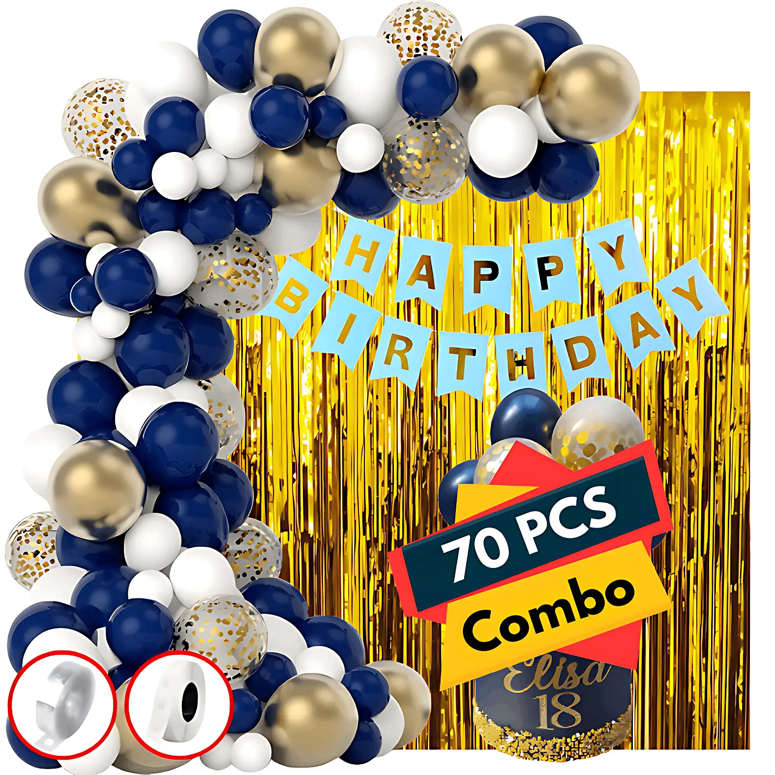 Blue Theme Birthday Decor Set - Birthday Banners, Curtains, Mixed Metallic Balloons, Confetti, Garland Arch, Glue Dots- (Pack of 70 Pcs)