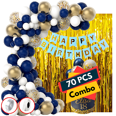 Blue Theme Birthday Decor Set - Birthday Banners, Curtains, Mixed Metallic Balloons, Confetti, Garland Arch, Glue Dots- (Pack of 70 Pcs)