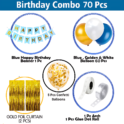 Blue Theme Birthday Decor Set - Birthday Banners, Curtains, Mixed Metallic Balloons, Confetti, Garland Arch, Glue Dots- (Pack of 70 Pcs)