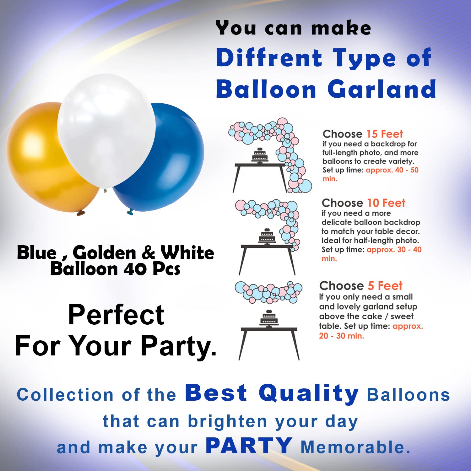 Blue Theme Birthday Decor Set - Birthday Banners, Curtains, Mixed Metallic Balloons, Confetti, Garland Arch, Glue Dots- (Pack of 70 Pcs)