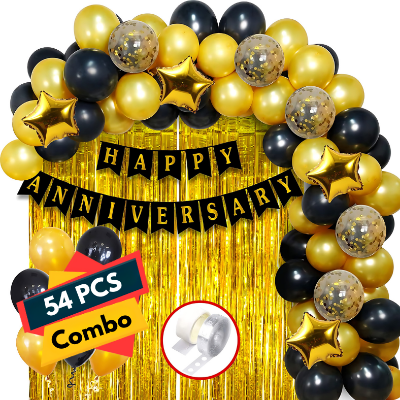 Anniversary Combo Pack with Card Banners, Golden Curtains, Balloons, Confetti, and More - (Pack of 54 Pcs)