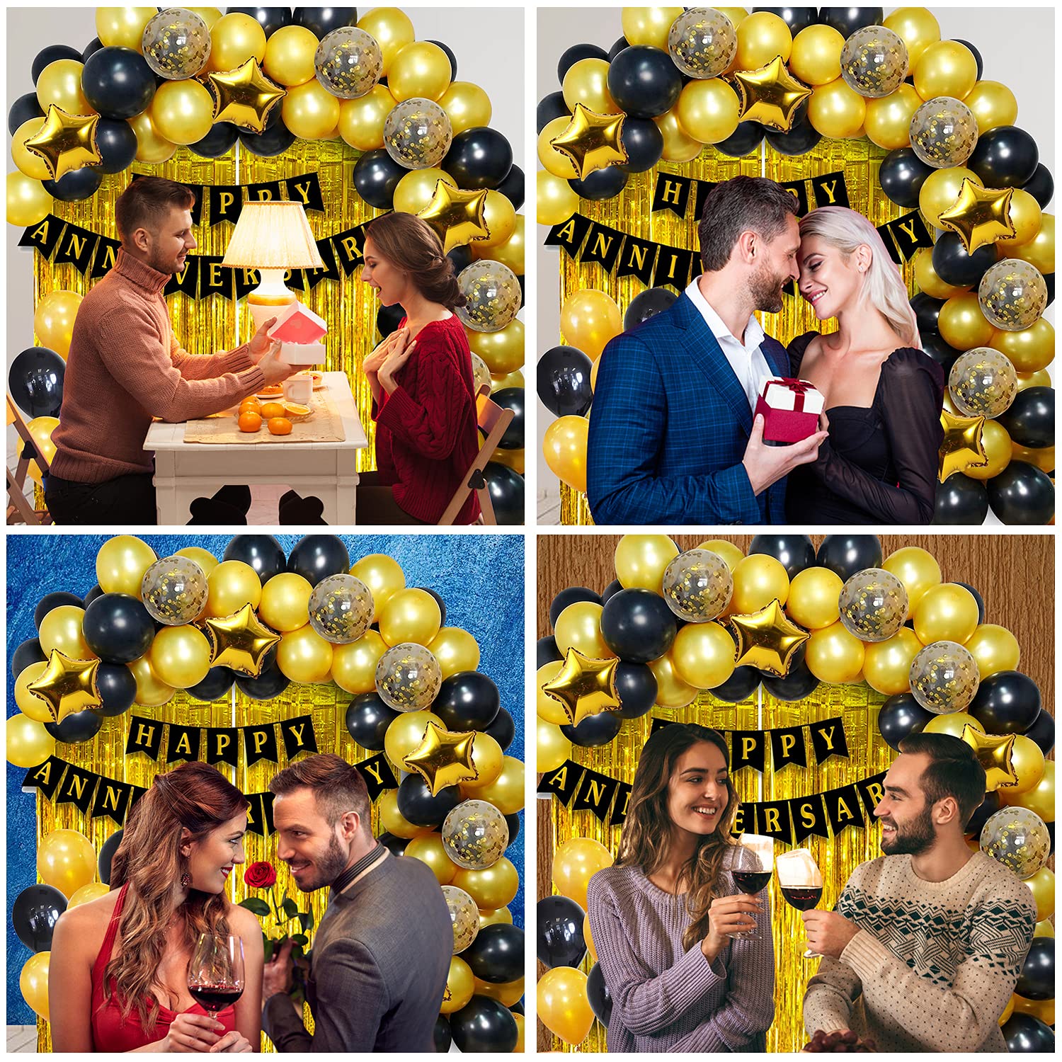 Anniversary Combo Pack with Card Banners, Golden Curtains, Balloons, Confetti, and More - (Pack of 54 Pcs)