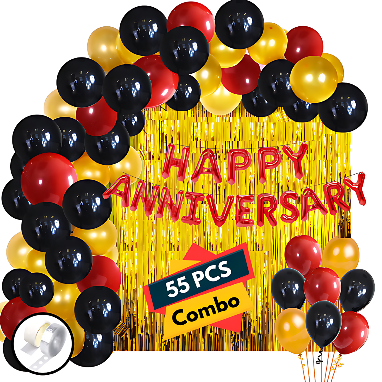 Anniversary Decor Combo with Banner, Curtains, Mixed Metallic Balloons, and Balloon Arch- (Pack of 55 Pcs)