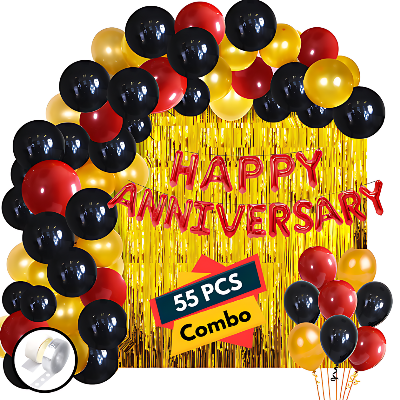 Anniversary Decor Combo with Banner, Curtains, Mixed Metallic Balloons, and Balloon Arch- (Pack of 55 Pcs)
