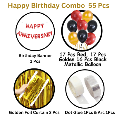 Anniversary Decor Combo with Banner, Curtains, Mixed Metallic Balloons, and Balloon Arch- (Pack of 55 Pcs)