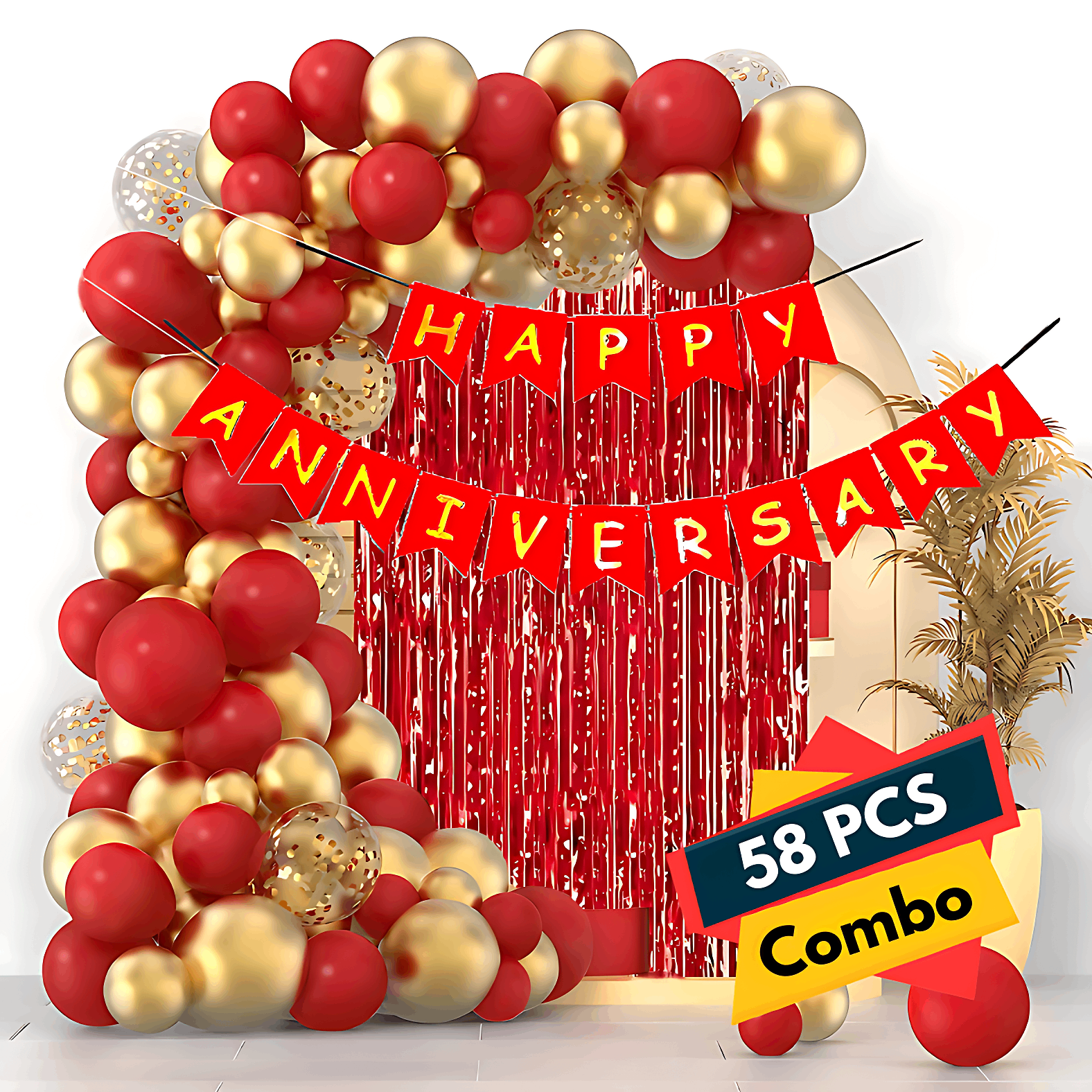 Anniversary Party Pack - Paper Banner, Foil Curtains, Metallic Balloons, Golden Confetti- (Pack of 58 Pcs)