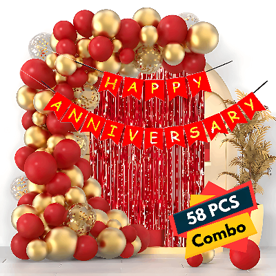 Anniversary Party Pack - Paper Banner, Foil Curtains, Metallic Balloons, Golden Confetti- (Pack of 58 Pcs)