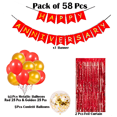 Anniversary Party Pack - Paper Banner, Foil Curtains, Metallic Balloons, Golden Confetti- (Pack of 58 Pcs)