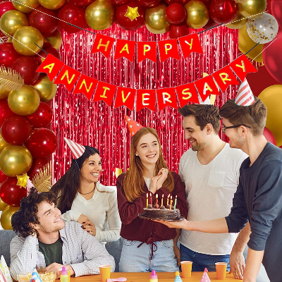 Anniversary Party Pack - Paper Banner, Foil Curtains, Metallic Balloons, Golden Confetti- (Pack of 58 Pcs)