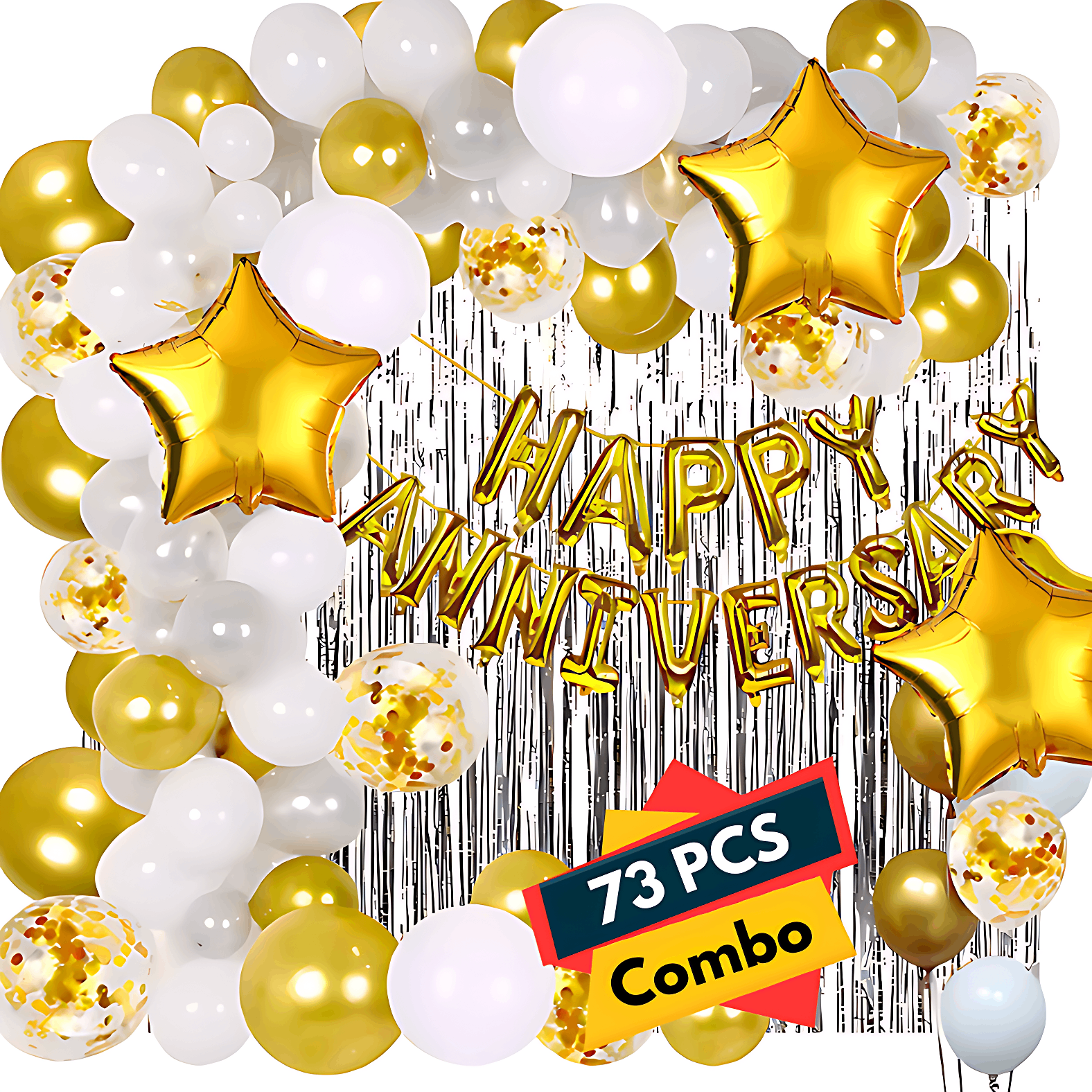 Anniversary Decoration Combo Pack: Foil Banners, Golden Curtains, Metallic Balloons, Golden Confetti, Stars, Balloon Garland- (Pack of 73 Pcs)