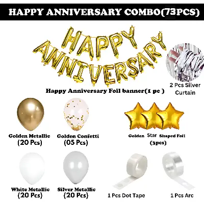Anniversary Decoration Combo Pack: Foil Banners, Golden Curtains, Metallic Balloons, Golden Confetti, Stars, Balloon Garland- (Pack of 73 Pcs)