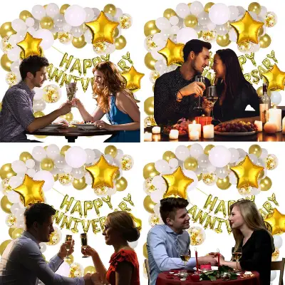 Anniversary Decoration Combo Pack: Foil Banners, Golden Curtains, Metallic Balloons, Golden Confetti, Stars, Balloon Garland- (Pack of 73 Pcs)