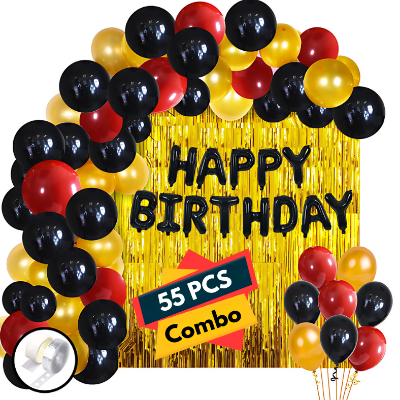 Birthday Decoration Combo: Black Foil Banner, Golden Curtains, Metallic Balloons, Balloons Arc, Glue Dot Tape Complete Set- (Pack of 55 Pcs)