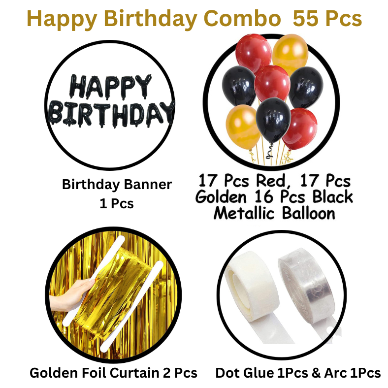 Birthday Decoration Combo: Black Foil Banner, Golden Curtains, Metallic Balloons, Balloons Arc, Glue Dot Tape Complete Set- (Pack of 55 Pcs)