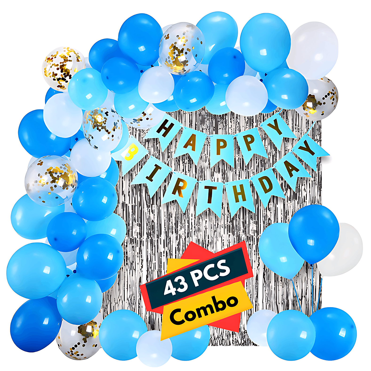 Birthday Combo: Foil Curtain, Card Banner, Metallic Balloons & Golden Confetti Balloons - Full Package (43 Pcs)