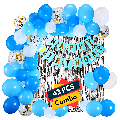 Birthday Combo: Foil Curtain, Card Banner, Metallic Balloons & Golden Confetti Balloons - Full Package (43 Pcs)