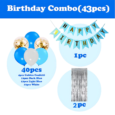 Birthday Combo: Foil Curtain, Card Banner, Metallic Balloons & Golden Confetti Balloons - Full Package (43 Pcs)