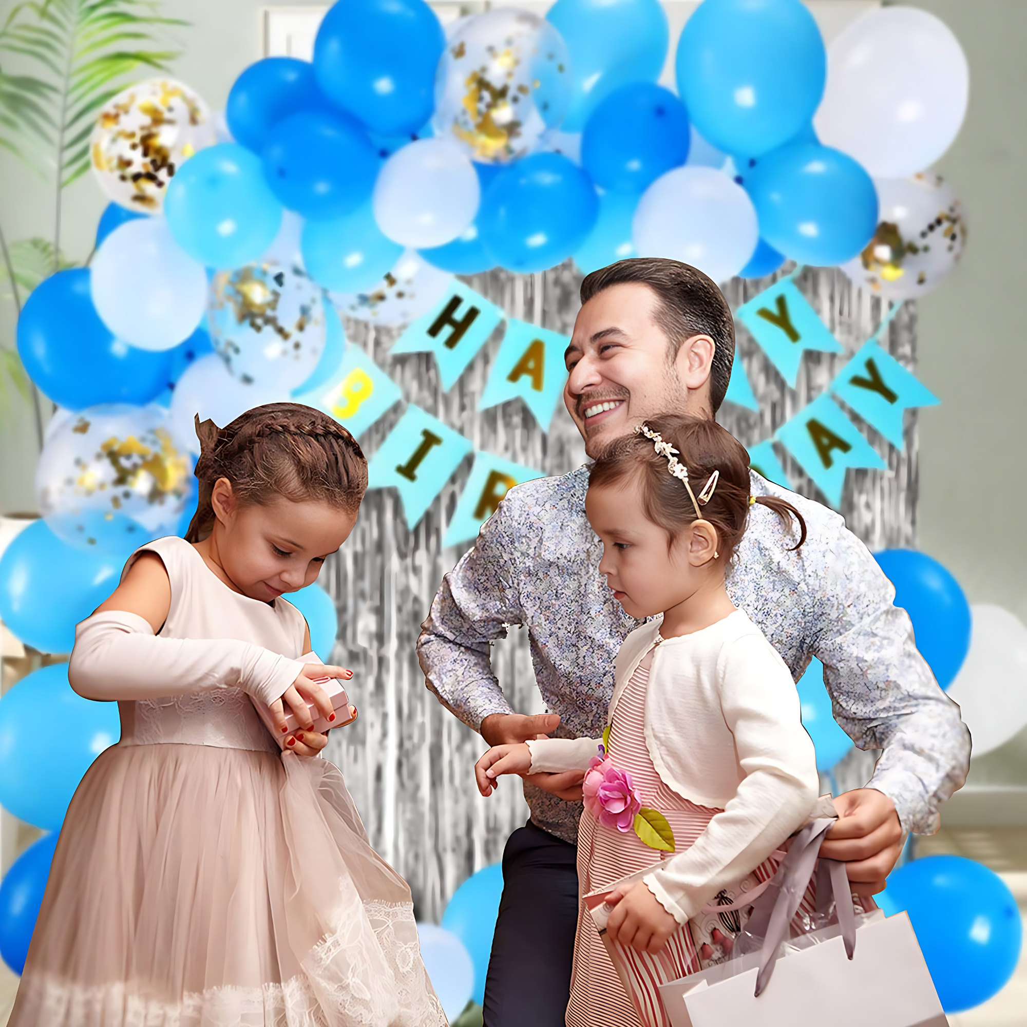 Birthday Combo: Foil Curtain, Card Banner, Metallic Balloons & Golden Confetti Balloons - Full Package (43 Pcs)