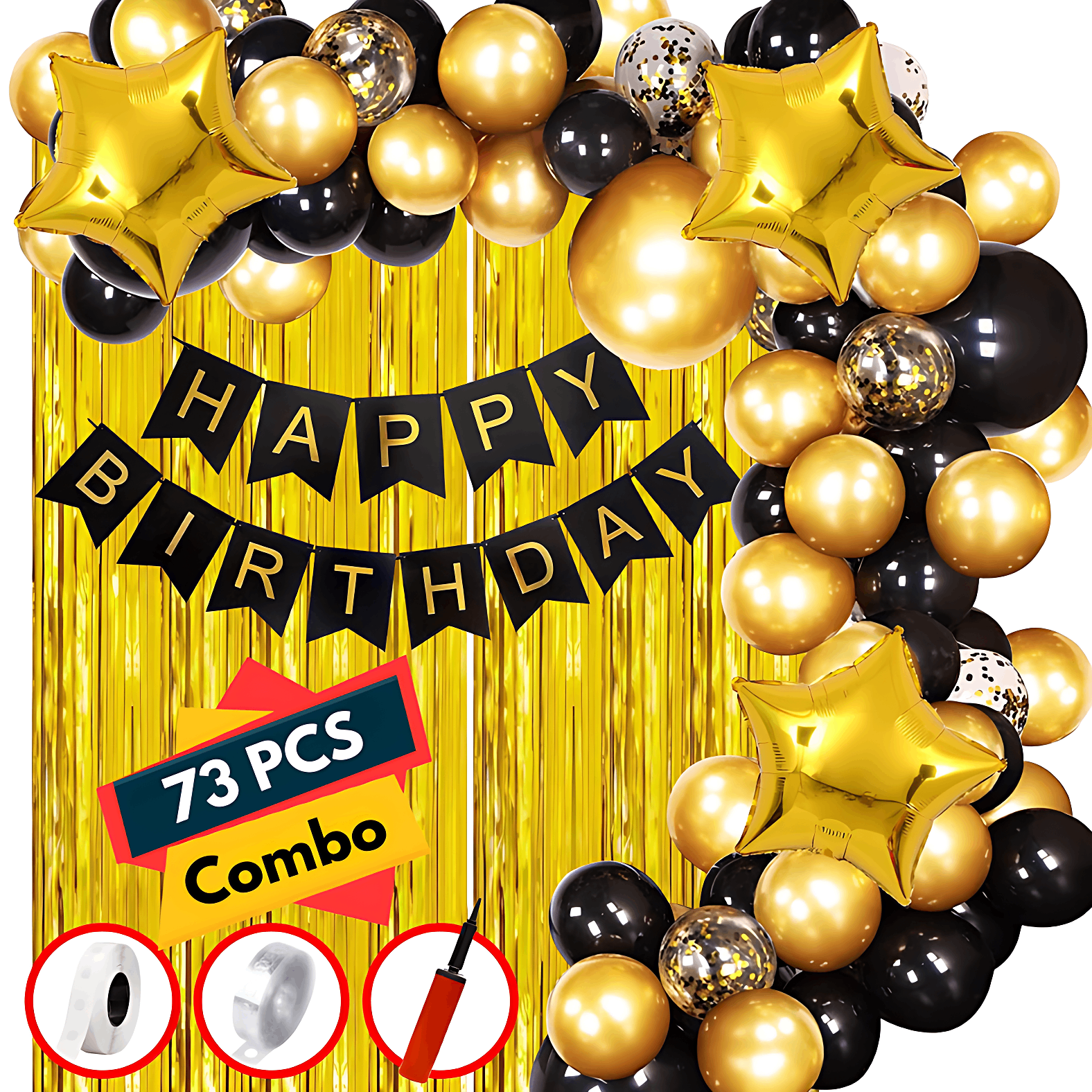 Party Perfection Package: Card Banner, Foil Curtains, Metallic Balloons, Star Foil, Confetti Balloons, Pumper, Arc, Glue Dot Tape - All-in-One (73 Pcs)