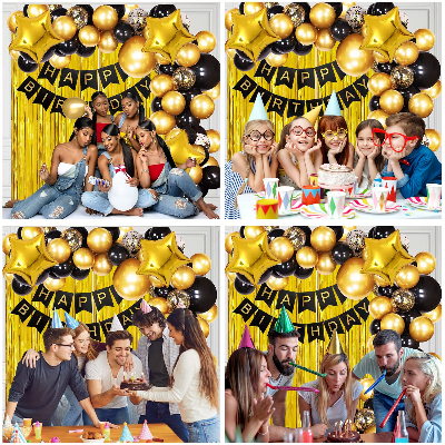 Party Perfection Package: Card Banner, Foil Curtains, Metallic Balloons, Star Foil, Confetti Balloons, Pumper, Arc, Glue Dot Tape - All-in-One (73 Pcs)