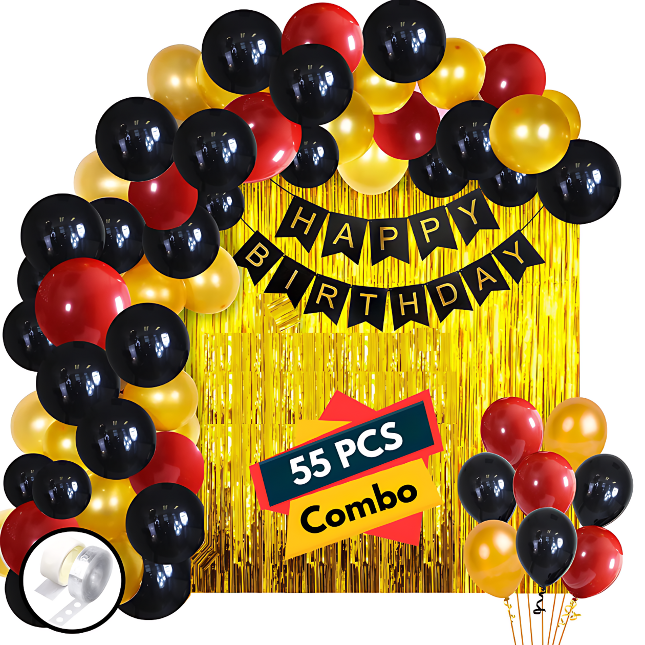 Birthday Combo: Black Card Banner, Golden Foil Curtains, Metallic Balloons, Balloons Arc, Glue Dot Tape - Full Set (55 Pcs)