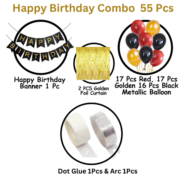 Birthday Combo: Black Card Banner, Golden Foil Curtains, Metallic Balloons, Balloons Arc, Glue Dot Tape - Full Set (55 Pcs)